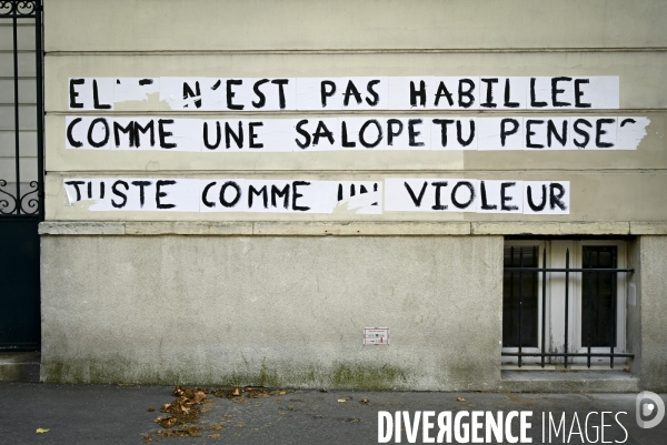 Messages féministes collés sur les murs pour sensibiliser à la lutte contre les violences faites aux femmes. Feminists messages pasted on the walls.