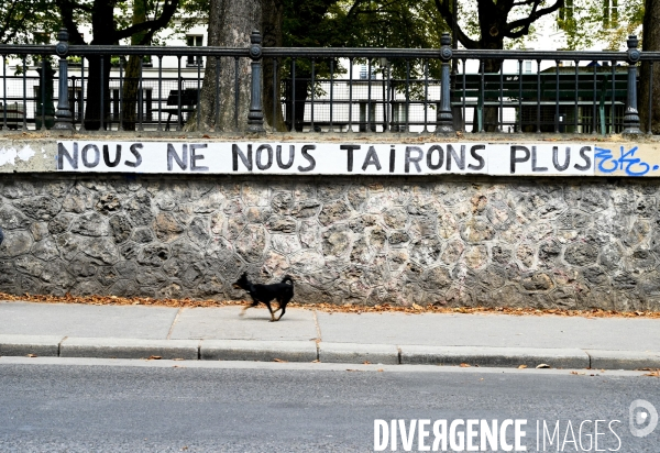 Messages féministes collés sur les murs pour sensibiliser à la lutte contre les violences faites aux femmes. Feminists messages pasted on the walls.