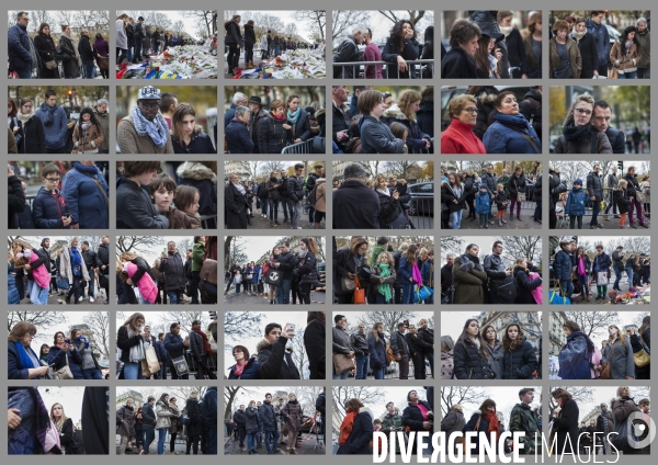 Portraits de la foule devant le Bataclan 1 mois après les attentats du 13 novembre 2015