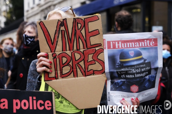 Manifestation contre le projet de loi sur la securité globale. Demonstration against the proposed  overall security  bill,