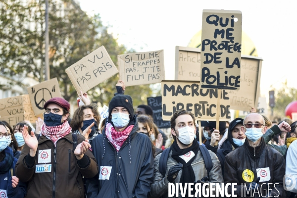 Manifestation contre le projet de loi SECURITE GLOBALE PPL, la marche des libertés du 28 novembre 2020. Demonstration against new security law project against freedom of information.