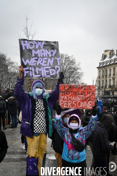 Manifestation contre le projet de loi SECURITE GLOBALE PPL, la marche des libertés du 16 janvier 2021. Demonstration against new security law project against freedom of information.