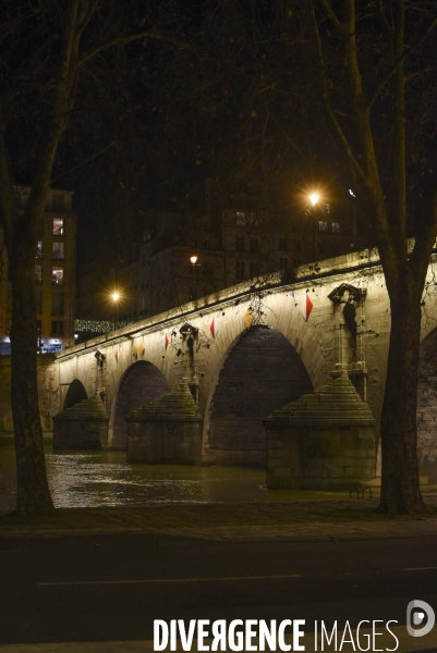 La Seine en crue la nuit.