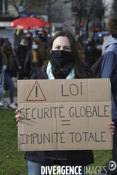 Manifestation contre le projet de loi SECURITE GLOBALE PPL, la marche des libertés du 30 janvier 2021. Demonstration against new security law project against freedom of information.