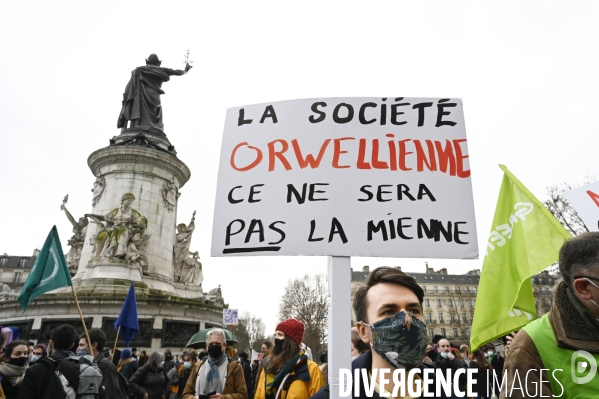 Manifestation contre le projet de loi SECURITE GLOBALE PPL, la marche des libertés du 30 janvier 2021. Demonstration against new security law project against freedom of information.