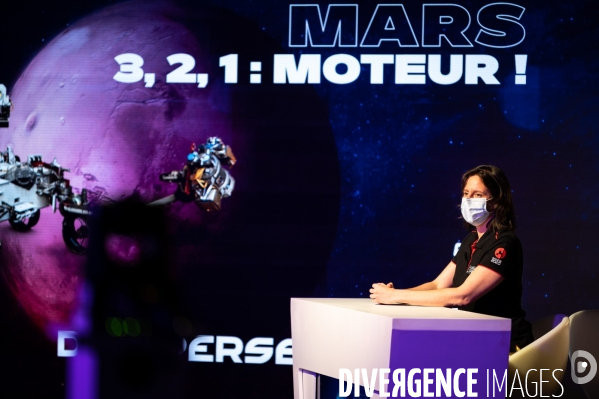 Toulouse : tournage de l emission atterrissage du robot Perseverance sur la planete Mars pour le CNES dans les studio Le Grand Set a Toulouse, FRANCE - 18/02/2021.