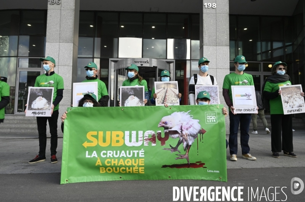 Cause animale : Action nationale L214 devant le siège de SUBWAY pour dénoncer les conditions d elevage des poulets de chair. Animals rights, chickens.