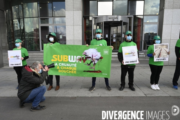 Cause animale : Action nationale L214 devant le siège de SUBWAY pour dénoncer les conditions d elevage des poulets de chair. Animals rights, chickens.