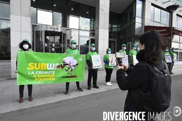 Cause animale : Action nationale L214 devant le siège de SUBWAY pour dénoncer les conditions d elevage des poulets de chair. Animals rights, chickens.