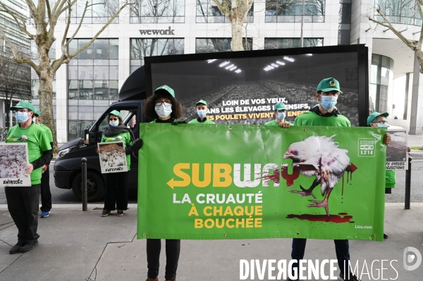 Cause animale : Action nationale L214 devant le siège de SUBWAY pour dénoncer les conditions d elevage des poulets de chair. Animals rights, chickens.