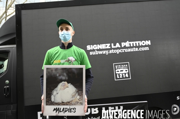 Cause animale : Action nationale L214 devant le siège de SUBWAY pour dénoncer les conditions d elevage des poulets de chair. Animals rights, chickens.