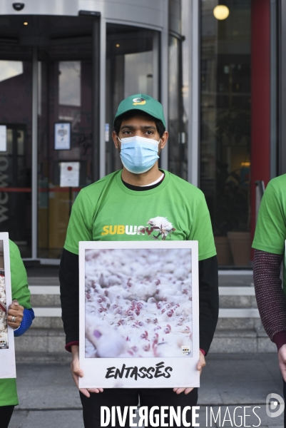 Cause animale : Action nationale L214 devant le siège de SUBWAY pour dénoncer les conditions d elevage des poulets de chair. Animals rights, chickens.