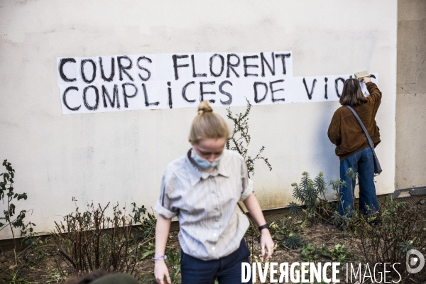 Manifestation, a l appel du collectif callisto,  devant le cours florent contre l impunite des violences sexuelles dans l ecole.