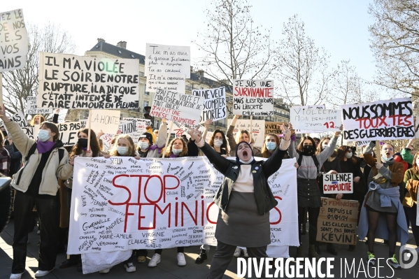 Rassemblement féministe d On arrête toutes, à Paris pour la Journée internationale des droits des femmes, le 8 Mars 2021. International women sday in Paris.