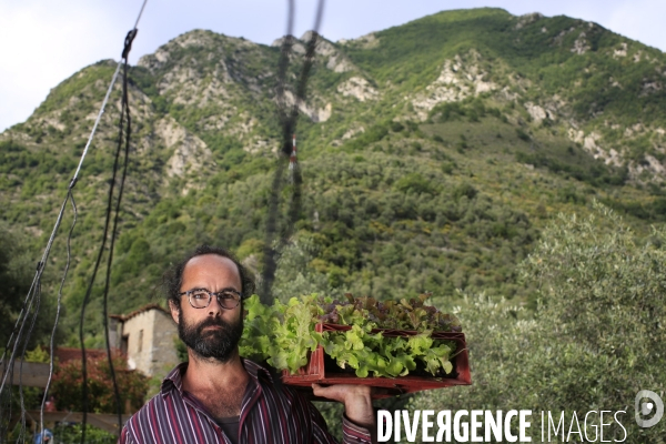 Breil sur Roya le 10/06/2020 Cedric Herrou agriculteur chez lui.