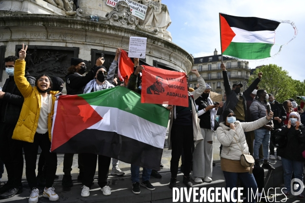 Manifestation interdite en soutien à la Palestine, à Paris. Demonstration for the Palestinians in Paris.