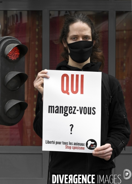 Protection animale, happening pour dénoncer les conditions de vie et de mort des animaux d élevage, organisée par 269 Life France. Animal protection against animal testing.