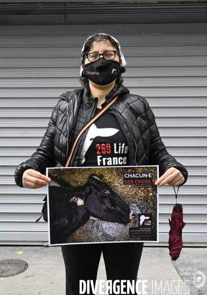 Protection animale, happening pour dénoncer les conditions de vie et de mort des animaux d élevage, organisée par 269 Life France. Animal protection against animal testing.