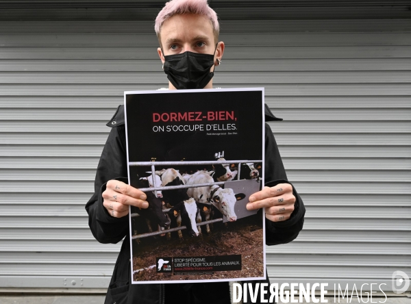 Protection animale, happening pour dénoncer les conditions de vie et de mort des animaux d élevage, organisée par 269 Life France. Animal protection against animal testing.