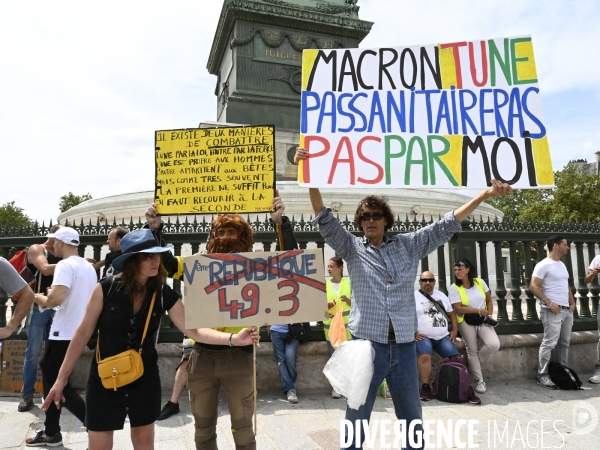 Manifestation contre le projet de passe sanitaire, à Paris le 24 juillet 2021. Demonstration against sanitary pass.