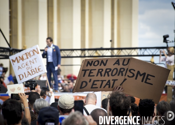 Manifestation contre le projet de passe sanitaire, place du Trocadéro, le 24 juillet à Paris. Demonstration against sanitary pass.