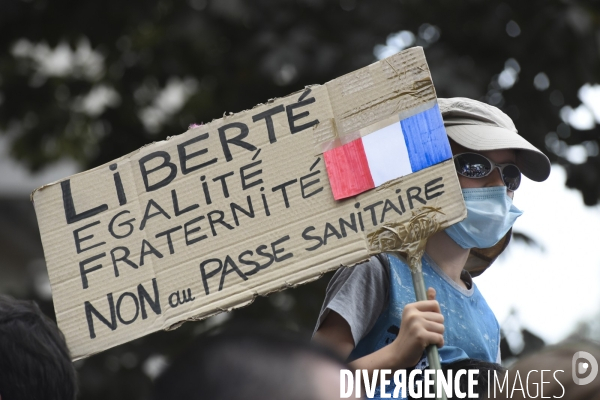 Florian Philippot organise une manifestation contre le projet de passe sanitaire et la vaccination obligatoire, le 31 juillet à Paris. Demonstration against sanitary pass.