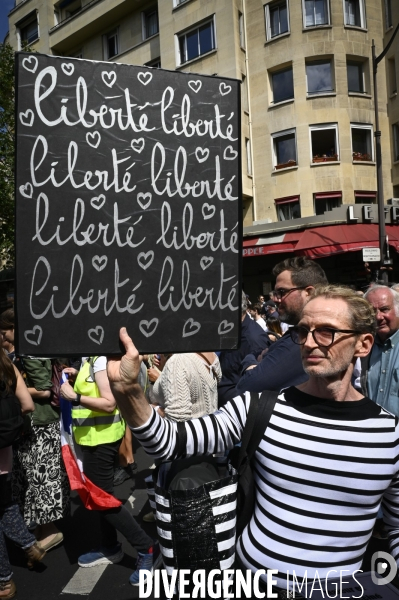 Florian Philippot organise une manifestation contre le projet de passe sanitaire et la vaccination obligatoire, le 31 juillet à Paris. Demonstration against sanitary pass.