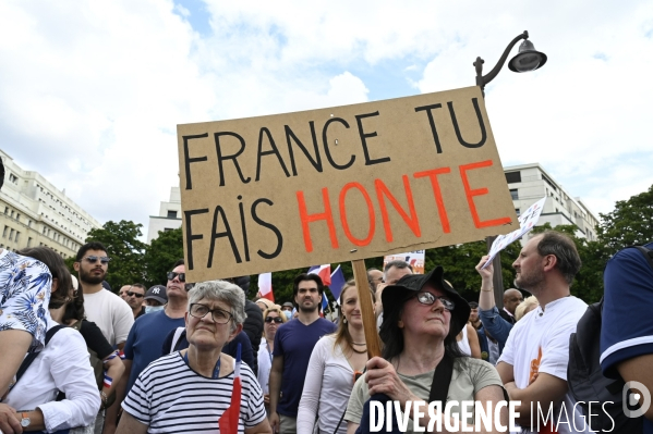 Florian Philippot organise une manifestation contre le projet de passe sanitaire et la vaccination obligatoire, le 31 juillet à Paris. Demonstration against sanitary pass.