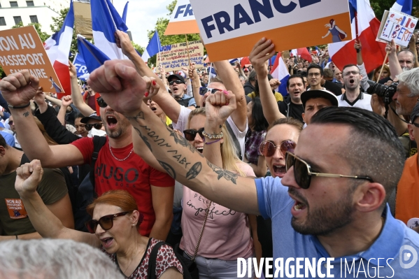 Florian Philippot organise une manifestation contre le projet de passe sanitaire et la vaccination obligatoire, le 31 juillet à Paris. Demonstration against sanitary pass.