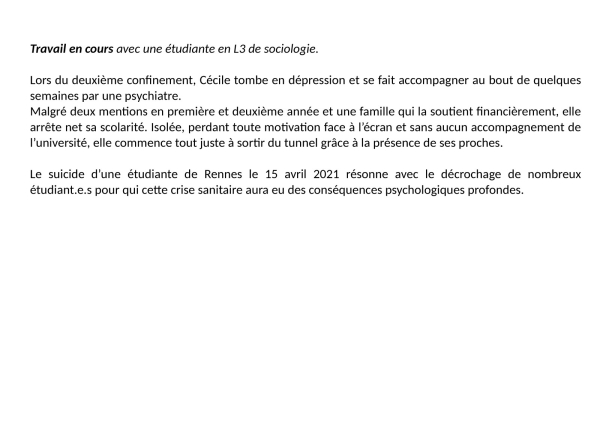 Décrochage et dépression d une étudiante en sociologie suite à la crise sanitaire du COVID19