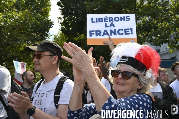 Florian Philippot organise une manifestation contre le projet de passe sanitaire et la vaccination obligatoire, le 31 juillet à Paris. Demonstration against sanitary pass.