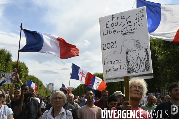 Florian Philippot organise une manifestation contre le projet de passe sanitaire et la vaccination obligatoire, le 31 juillet à Paris. Demonstration against sanitary pass.