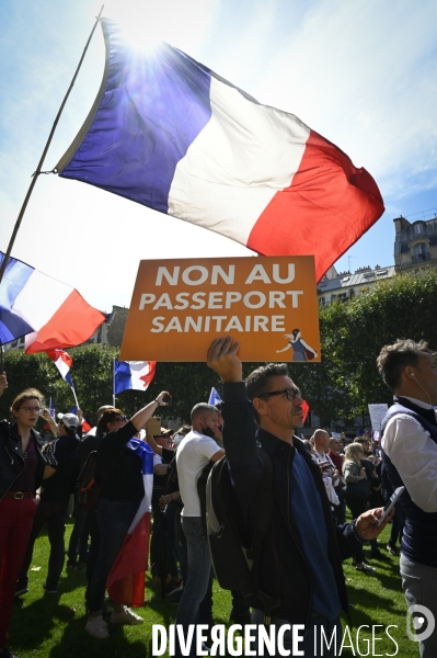 Florian Philippot organise une manifestation contre le projet de passe sanitaire et la vaccination obligatoire, le 31 juillet à Paris. Demonstration against sanitary pass.