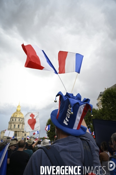 Florian Philippot organise une manifestation contre le projet de passe sanitaire et la vaccination obligatoire, le 31 juillet à Paris. Demonstration against sanitary pass.