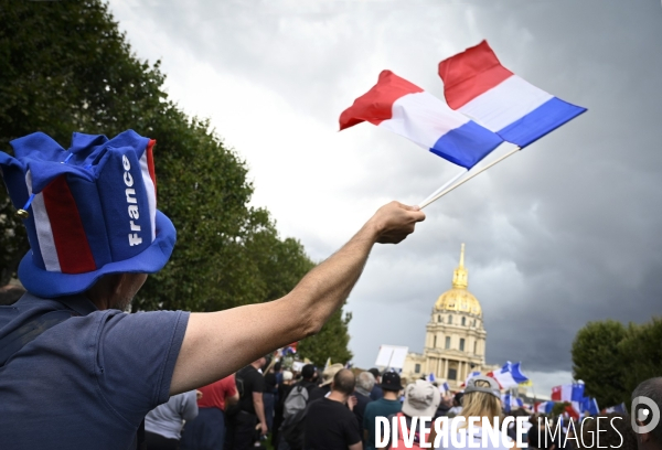 Florian Philippot organise une manifestation contre le projet de passe sanitaire et la vaccination obligatoire, le 31 juillet à Paris. Demonstration against sanitary pass.