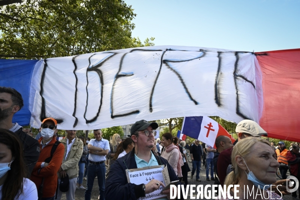 Florian Philippot organise une manifestation contre le projet de passe sanitaire et la vaccination obligatoire, le 31 juillet à Paris. Demonstration against sanitary pass.