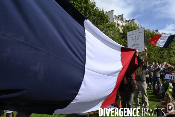 Florian Philippot organise une manifestation contre le projet de passe sanitaire et la vaccination obligatoire, le 31 juillet à Paris. Demonstration against sanitary pass.