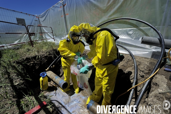 Chantier-test de découpage sur canalisation en amiante-ciment