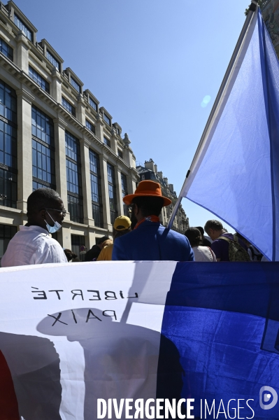 Manifestation contre le passe sanitaire QR code, à Paris le 14 aout 2021. Demonstration against sanitary pass.