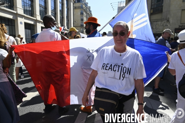 Manifestation contre le passe sanitaire QR code, à Paris le 14 aout 2021. Demonstration against sanitary pass.