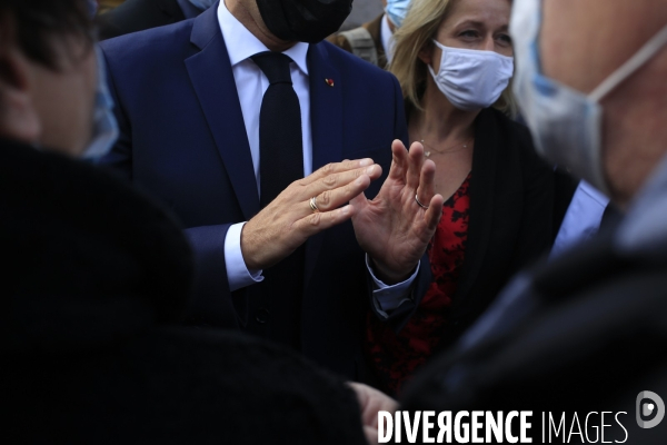 Visite du Président de la République Emmanuel Macron à Tende le 7/10/2020 après le passage de la tempête Alex qui a déclenché  un épisode méditerranéen inédit. Jusqu à 500 litres d eau au mètre carré tombés localement, 350 à Tende.