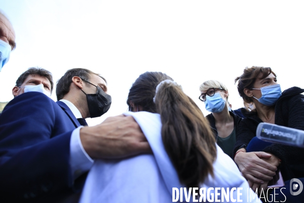 Visite du Président de la République Emmanuel Macron à Tende le 7/10/2020 après le passage de la tempête Alex qui a déclenché  un épisode méditerranéen inédit. Jusqu à 500 litres d eau au mètre carré tombés localement, 350 à Tende.