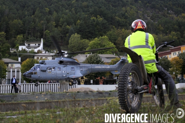 Visite du Président de la République Emmanuel Macron à Tende le 7/10/2020 après le passage de la tempête Alex qui a déclenché  un épisode méditerranéen inédit. Jusqu à 500 litres d eau au mètre carré tombés localement, 350 à Tende.