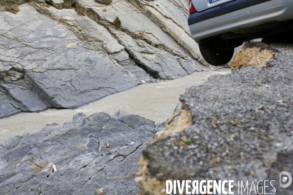 Breil sur Roya le 13/10/2020; Etat de la route internationale entre reliant Vintimille à Cuneo traversant la vallée de la Roya en France. Ici au sud de Breil.