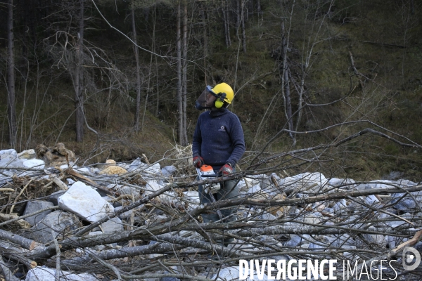 Tende le 23/11/2020 Des sapeurs forestiers degagent les abords de la route menant au hameau de Vievola dernier village avant la frontiere italienne. L usage intensif des tronçonneuses les oblige à affuter frequemment les chaines. Adriano 28 ans  -à dro