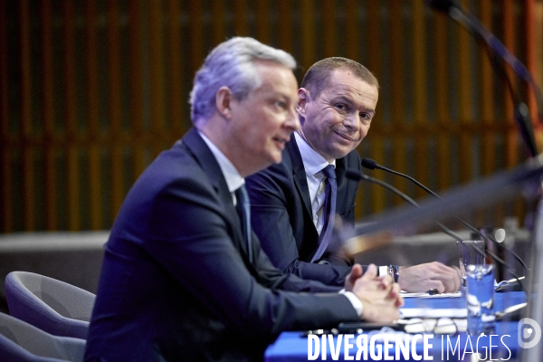 Bruno Le Maire , ministre de l économie, Olivier Dussopt Ministre chargé des Comptes publics, Presentation du Projet de loi de Finances PLF