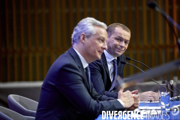 Bruno Le Maire , ministre de l économie, Olivier Dussopt Ministre chargé des Comptes publics, Presentation du Projet de loi de Finances PLF