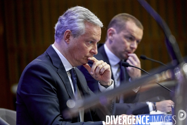 Bruno Le Maire , ministre de l économie, Olivier Dussopt Ministre chargé des Comptes publics, Presentation du Projet de loi de Finances PLF