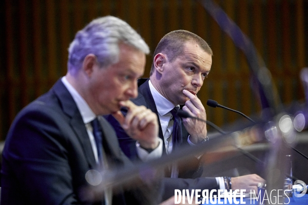 Bruno Le Maire , ministre de l économie, Olivier Dussopt Ministre chargé des Comptes publics, Presentation du Projet de loi de Finances PLF