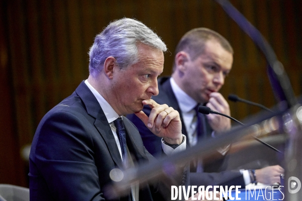 Bruno Le Maire , ministre de l économie, Olivier Dussopt Ministre chargé des Comptes publics, Presentation du Projet de loi de Finances PLF